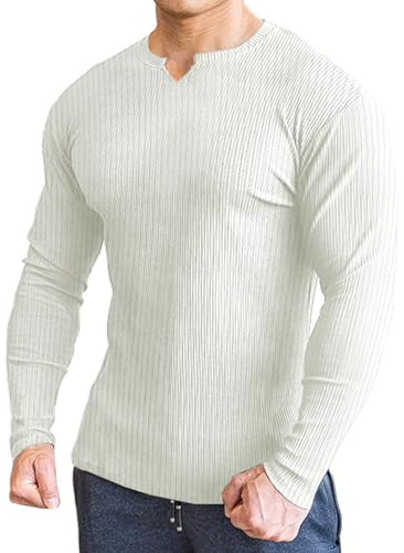 Lehmanlin Camiseta para Hombre, Manga Larga y Corta, Camisas Ajustadas con Cuello en V, Camisa Casual Elástica (Blanco/M)