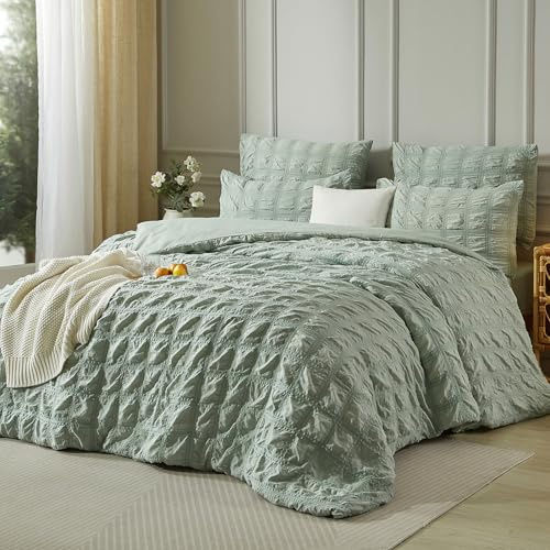 Luofanfei Biancheria da letto in seersucker, 135 x 200 cm, verde, verde salvia e rinfrescante motivo a quadretti, biancheria da letto estiva, traspirante, leggera, copripiumino singolo e federa 80 x