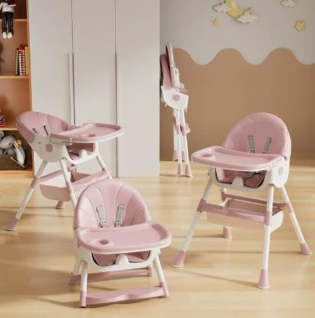 Trona para Bebe Ajustable, Trona de Bebes Reclinable, Ajustable y Plegable con Tabla de Comedor y Ruedas, De 6 meses a 6 años-Cuatro en uno - Rosa