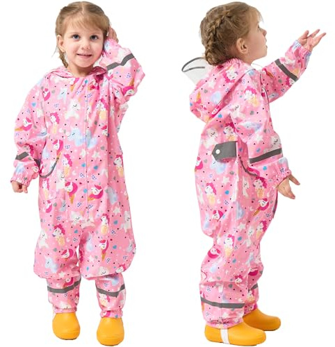 Fewlby Puddle suit Waterproof Overalls for Kids, Girls Rain Suit Pink Unicorn Muddy One-Piece Raincoat Hoodie, 5-7 Years L Size
