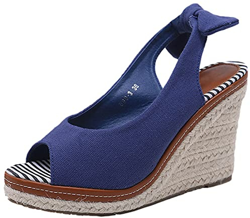 Jamron Donna Elegante Zeppa in Punta Sandali Espadrillas Aperta Décolleté con Cinturino Scarpe di Tela Estive Blu EU39.5