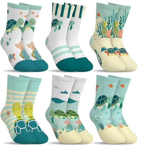 hometrixx 6 Pares Calcetines para Niños Niñas Tortuga Alga Pescado Verde Amarillo Blanco Calcetines de Algodón Dibujos Animados de 5-8 años