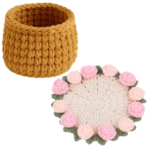 Crochet Coasters Set with Basket, Cute for Desk, Unique Handmade Knit Coasters, Gift for Home Decor