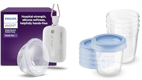 Philips AVENT Hands-free elektronische Einzelmilchpumpe, Motor in Krankenhausqualität, spiegelt den Trinkrhythmus des Babys, SCF531/11 + Philips AVENT Aufbewahrungsbecher für Muttermilch SCF619/05