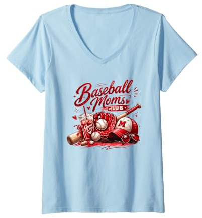 Femme Baseball Moms Club Game Day Sports Mom T-Shirt avec Col en V