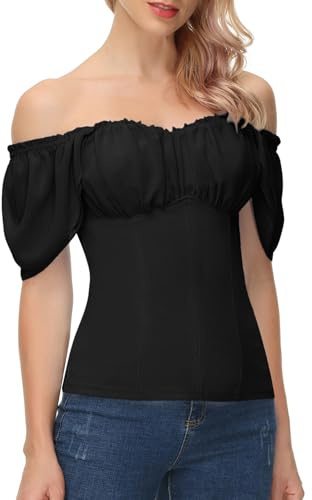 Scarlet Darkness Summer Blouses for Women Black Renaissance Off the Shoulder Top Square Neck Ruffle Short Sleeve Blouse Black XL
