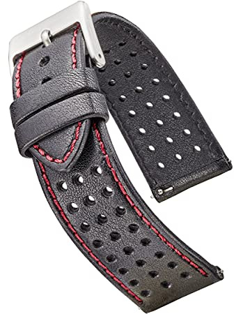 ALPINE Soft and Smooth Genuine Perforated Leather Watch Strap - Black, Brown, Tan - 18 mm, 20 mm, 22 mm (22MM, BLACK-RED)