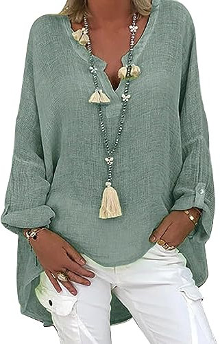 Leinenbluse Damen Bluse Sommer Tunika V-Ausschnitt Longbluse Große Größen Leinenhemd Blusenshirt Langarmshirt Leinen Baumwolle Hemd Oberteile Shirt (A Grün1, XXL)