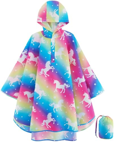 WAWSAM Kids Poncho Waterproof - Rainbow Unicorn Rain Poncho for Girls - Lightweight Hooded Raincoat with Storage Bag - Portable Rainwear for School & Travel