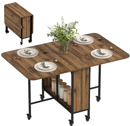 HOMCOM Tavolo da Pranzo Pieghevole, Tavolo a Ribalta per 4-6 Persone, Tavolo da Cucina Salvaspazio Moderno con Ripiano e 6 Ruote, in Metallo, 130x80x74 cm, Marrone Effetto Legno
