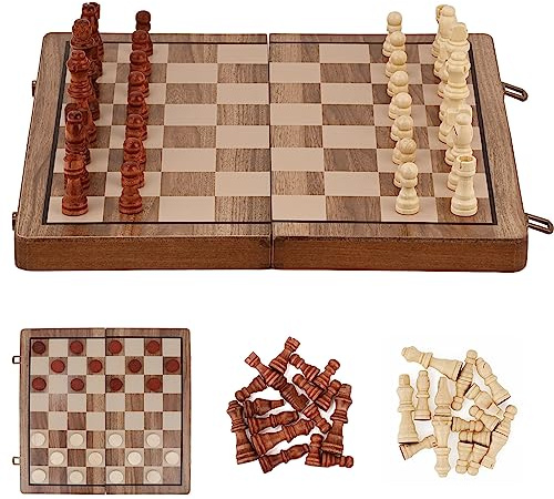 Zoutpy - Juego de ajedrez plegable magnético de viaje, juego portátil, juego de ajedrez internacional 2 en 1 para niños, adultos (39 x 39 cm) (nogal)