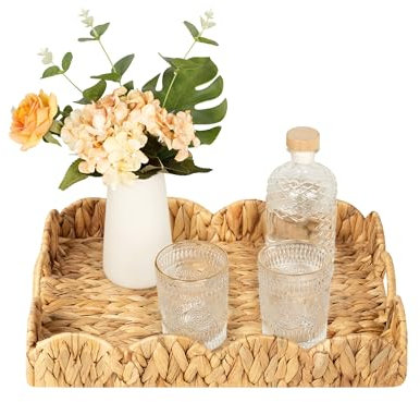 StorageWorks Rechteckiges Serviertablett mit Gewelltem Rand, Tablett Wasserhyazinthe mit Integrierten Griffen, Dekoratives Tablett für Couchtisch, Rattan Serviertablett aus Wasserhyazinthe