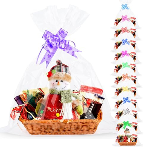 12Pcs Large Cellophane Bags with Bows, 20.5 x 27.6 Clear Cellophane Wrap | for Hampers, Gift Baskets, Gift Box Packaging, Easter, Christmas, Birthday, Mother's Day