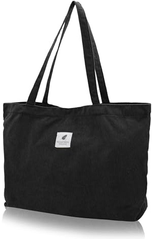 TeeYee Cord Tasche Damen Umhängetasche Tote Bag Kord Damen Shopper Handtasche Schultertaschen Arbeit Büro Reisen Einkauf Schule Alltag schwarz L