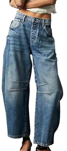UNIQTA Damen-Jeans, mittlere Taille, weites Bein, Barrel-Jeans, bauchfrei, Vintage, Ballon-Denim-Hose, Y2Kk, klassische Streetwear-Jeans mit Taschen, dunkelblau, XL
