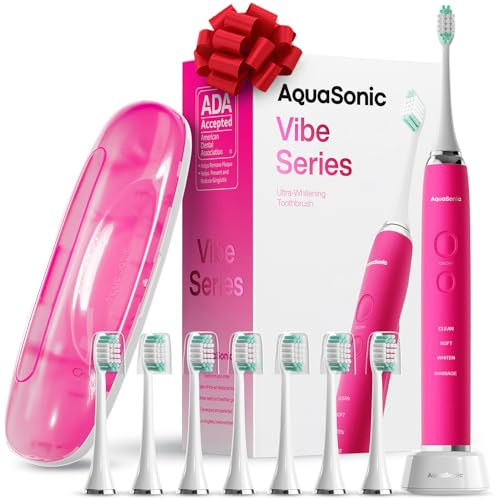 Aquasonic Vibe Series Ultra-Whitening Toothbrush – ADA Accepted Electric Toothbrush - 8 Brush Heads & Travel Case – 40,000 VPM Motor & Wireless Charging - 4 Modes w Smart Timer – Electric Pink