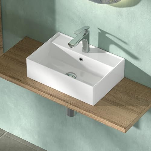 CASAMO Lavabo pequeño de cerámica – Lavabo para baño – Lavabo colgante cuadrado – Lavabo para invitados blanco 45 x 31 x 13 cm