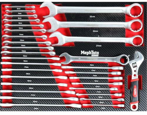Mephisto Set di attrezzi per carrello da officina Pro Line, con chiave ad anello, con chiave ad anello, chiave a cricchetto, chiave a cricchetto, chiave forchetta a rotelle in Soft Inlay effetto