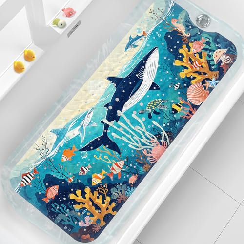 XIYUNTE Baby Bath Mats Non Slip Anti Mould, Cartoon Kids Bath Mat Non Slip, 100x40cm Extra Large Baby Shower Mat Non Slip Bath Mat with Suction Cups & Drain Holes, Machine Washable, Whale