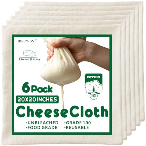 6Pcs Grade 100 Cheese Cloths 20×20 Inch, 100% Unbleached Cotton Butter Muslin, Finished Edge, Reusable Pre-Washed for Straining & Cooking
