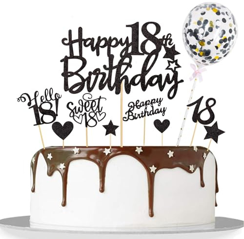 Catelves 18. Födelsedag glitter tårtdekoration, 10-pack, svart | Glitterdekoration 18-årsdagen 18-årsdagen tårtdekoration, söt 18 tårtor dekoration, Hello 18 cupcake topper 18 år pojke