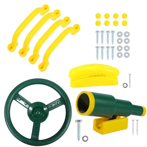 REDCAMP Playground Accessories for Kids, Outdoor Swingset Attachments with Pirate Ship Wheel, Toy Telescope, Telephone and Safety Handles (Yellow and Green)
