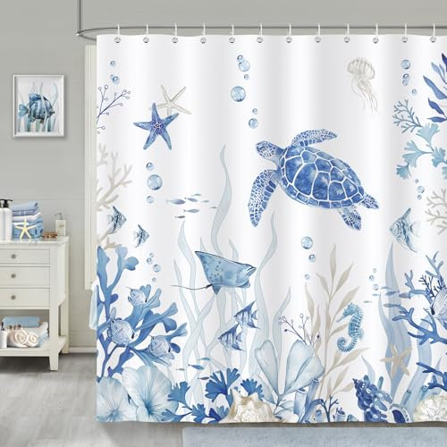 Bonhause Cortina de Ducha Tortuga Marina Bajo el Mar Océano Azul Costera Cortina de Baño de Poliéster Impermeable Antimoho Lavable Cortina Ducha 180 x 180 cm con 12 Ganchos