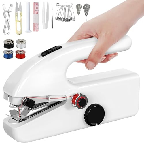 XUZIE Mini Handheld Sewing Machine, Small Portable Electric Sewing Machines for Beginners, Quick Hand Stitching Machine for Fabrics & DIY Clothes Home and Travel, Compact & Lightweight, Easy to Use