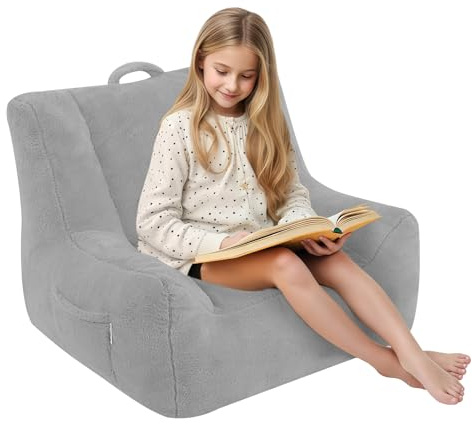 MeMoreCool Kids Bean Bag Chairs, Toddler Comfy Beanbag Sofa with Filling, Plush Child Bean Bags Couch for Girl Boy Reading, 60 x 55 x 55cm, Grey