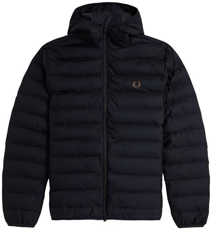Fred Perry Schwarze Winterjacke mit Kapuze, isoliert, gepolstert, gesteppt, mit durchgehendem Reißverschluss, lässige Oberbekleidung, Schwarz , L