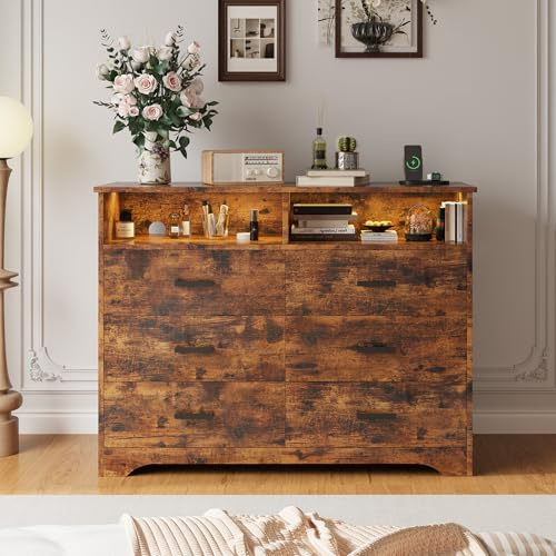 IRONCK Retro Brown Chest of Drawers Bedroom, Bedroom Chest of Drawers with LED Light & 1 USB + 1 Type-C & 2 AC Outlets & Power Cord, Dresser Wooden with 6 Drawers 2 Open Cubicle, 120x40x94.7cm