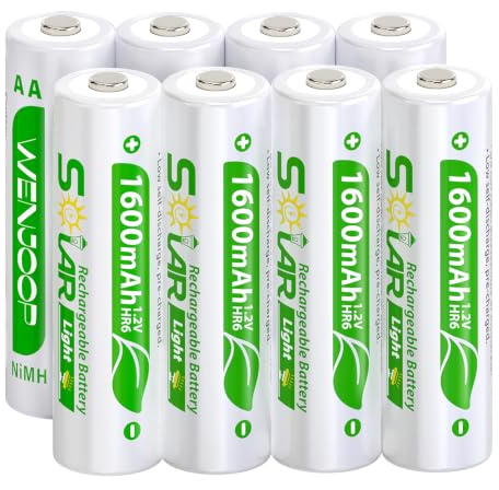8 Pack AA Rechargeable Batteries for Solar Lights | 1600mAh 1.2V NiMH | Precharged | Low Self-Discharge | Reusable for Garden, Pathway, Patio, Deck, Fence & String Lights