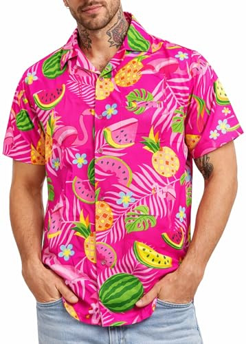 King Kameha Hawaiian Shirt for Men – Tropical Men’s Hawaiian Shirt Short Sleeve with Flamingo Melon Print