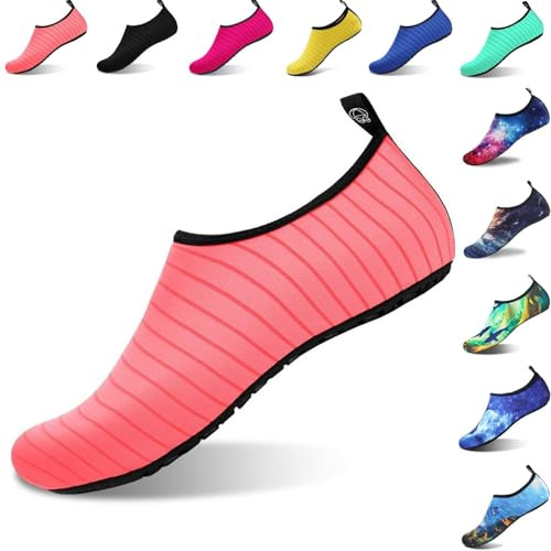 Water Shoes Mens Womens Aqua Shoes Beach Surf Diving Swim Barefoot Skin Shoes Quick Drying Lightweight Durable Rubber Sole (UK6.5-7.5/250-255mm, Pink)