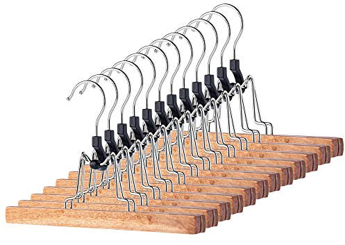 KADAX Hosenbügel aus Holz, Kleiderbügel für Kleidung, Hosen, Rock, Hosenspanner, Rockbügel, Rockspanner, 360°drehbarer Haken aus Metall, rutschfest, Klemmbügel, platzsparend (12)