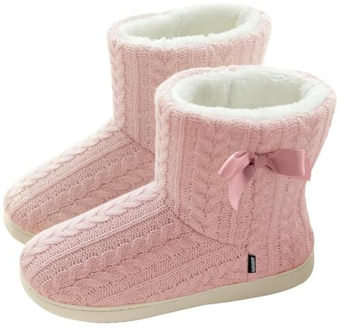 GURGER Hausstiefel Damen Plüsch Hausschuhe Hohe Hüttenschuhe Gefüttert Warm Winter Pantoffeln Strick Slipper Feste Sohle für Frauen Rosa Gr. 37 38