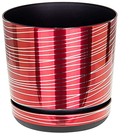 KORAD Red Flower Pot with Silver Stripes – Indoor Gloss Plastic Planter with Saucer Tray, Plant Pots for Houseplants, 6 12 cm - 4.76 inches