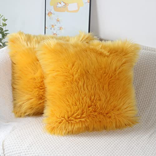 OYIMUA 2 Pcs Weicher Zierkissenbezüge Deko Kissen Schaffell Lammfell Kunstfell Langhaar Zierkissen Kissenbezug Fellimitat Sofakissen Cuddly Kissen (Gelb, 50 x 50 cm)