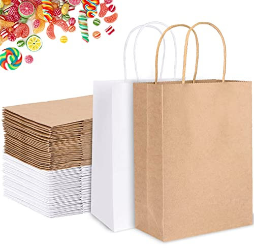 MULEVIP 42 Piezas Bolsa de Papel Kraft con Asas,Marrón Bolsas para Compras Regalos Bodas Cumpleaños Navidad Embalaje- Blanco y Marrón (21×15×8cm)