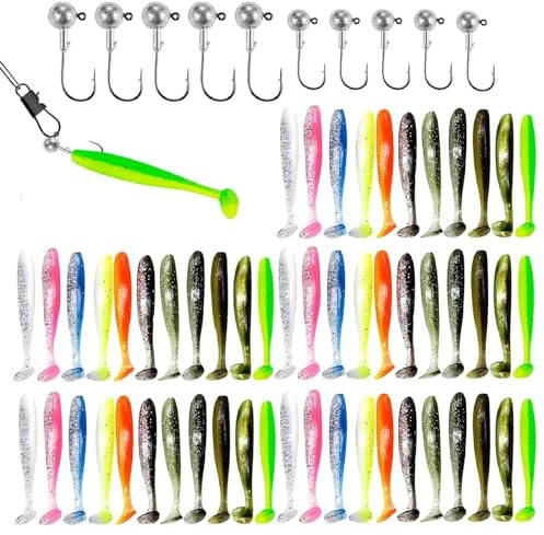 Kunstköder, Weichplastikköder, Fishing Gummifische, 55PCS mit 10 Jigköpfe Angelhaken Gummiköder Artificial Bait Topwater Angelköder Softbait Angelköder für Forelle Barsch Zander