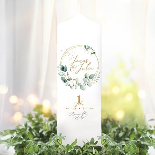 Wandtattoo Loft Hochzeitskerze personalisiert mit Namen und Datum, Motiv mit Blätterkranz Eukalyptus, 25cm x 7cm, personalisierte Traukerze, Hochzeit Kerze selbst gestalten, Hochzeitsgeschenk