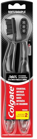 Colgate 360 Vibrate Charcoal Battery Operated Toothbrush Pack, Disposable Electric Toothbrushes with 1 AAA Battery Included, Whole Mouth Clean, 2 Pack, Black