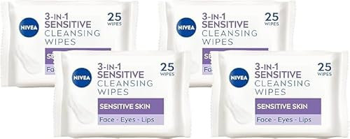 NIVEA 3in1 Sensitive Cleansing Wipes (25 Wipes), Plant-Based Makeup Remover Wipes, Face Wipes for Sensitive Skin, Gentle yet Effective Makeup Removal (Pack of 4)