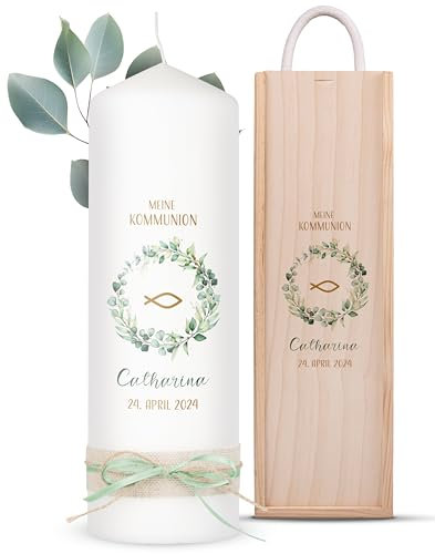 AMARI ® Kommunionkerze Personalisiert Eukalyptus Fisch (002.08.08) H:25cm/⌀:8cm - Kerze für Junge/Mädchen - Selbst Gestalten