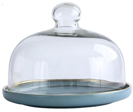 HOUSN Kuchenhaube Keramik Kuchenplatte Glas, Kuchenglocke Ständer Tortenständer Glashaube Lebensmittel Abdeckung Für Hochzeit Geburtstag Party,Blau,25cm
