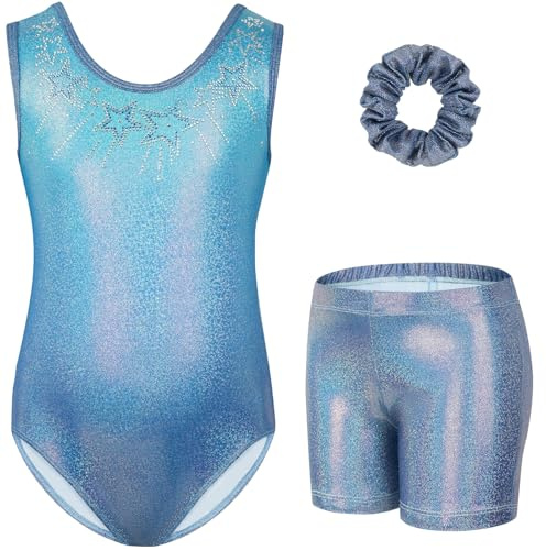 Gogokids Ensemble de Gymnastique Trois Pièces pour Filles, Justaucorps Sans Manches avec Shorts et Bandeau, Tenue de Gymnastique avec Design de Couleur Scintillants Dégradée pour 8 à 9 Ans