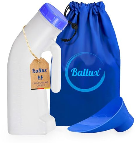 BALLUX Urinflasche Set Unisex inkl. Aufbewahrungstasche. 1 Liter auslaufsicherer, robustem Kunststoff. Notfalltoilette für Auto, Camping, Reisen & als Festival Zubehör.