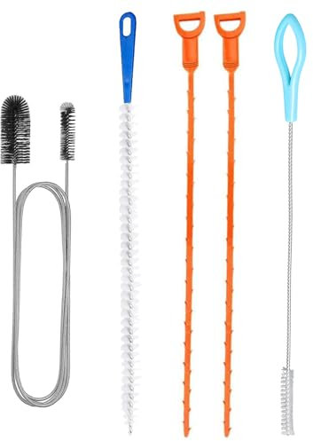 5 Pcs Drain Unblocker Tools, 155cm Double-Head Pipe Brushes, 2 pcs 50cm Drain Hair Clog Remover, 45cm Sink Unblocker Brush, 20cm Stiff Brush, Reusable Cleaning Tools for Bathroom Shower Kitchen