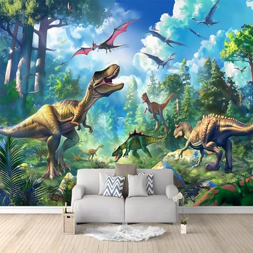 autoadhesivo papel pintado Dinosaurio bosque verde triceratops 400x280 cm Mural Gigante - Póster Tapíz 3D Salón Dormitorio decoración murales de paredes moderna