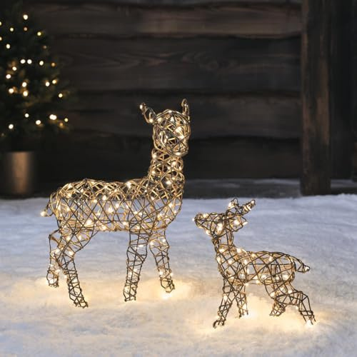 Lights4fun Cerva e Cerbiatto Luminose Renne di Natale in Rattan di 45 cm e 25 cm a 160 Micro LED Bianco Caldo con Timer Figura Natalizia Decorazione per Interni ed Esterni